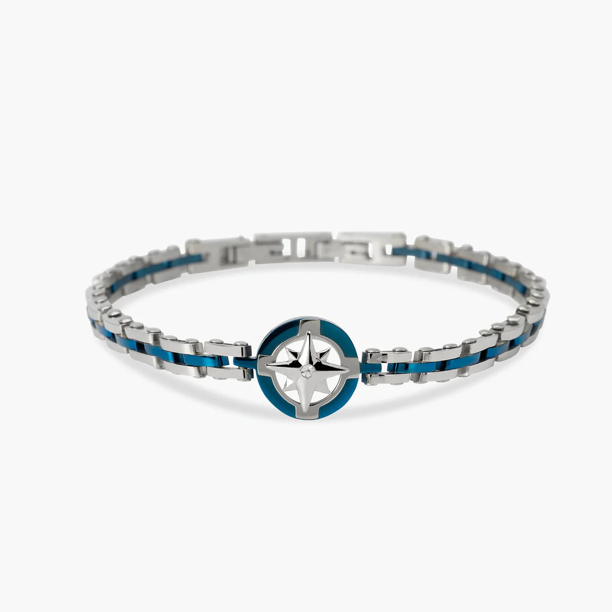 Bracciale Kidult uomo   con maglia in acciaio e blu e rosa dei venti centrale
