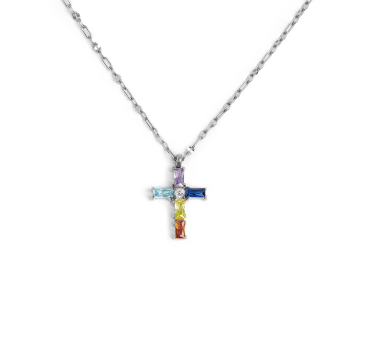 Collana Marlù croce pendente con cristalli baguette rainbow