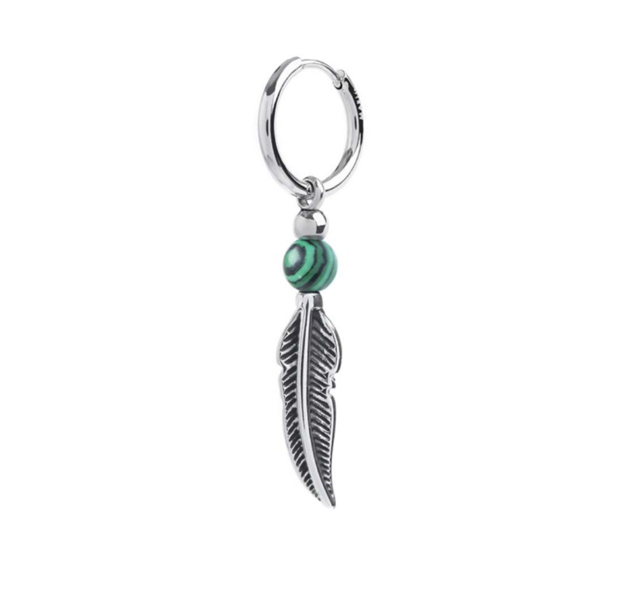 Mono orecchino Marlù a cerchio con sfera malachite e piuma pendente