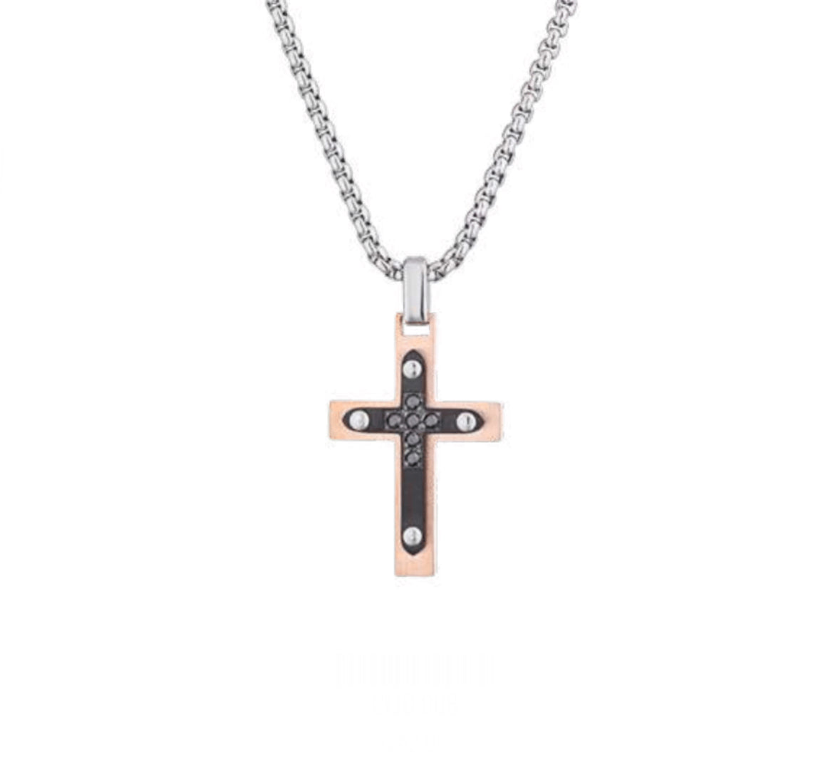 Collana uomo Héctor Croce bicolor rosè e pietre nere