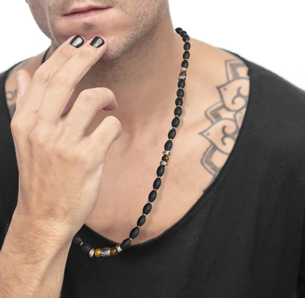 Collana Marlù con onice nera ovale e sfere occhio di tigre