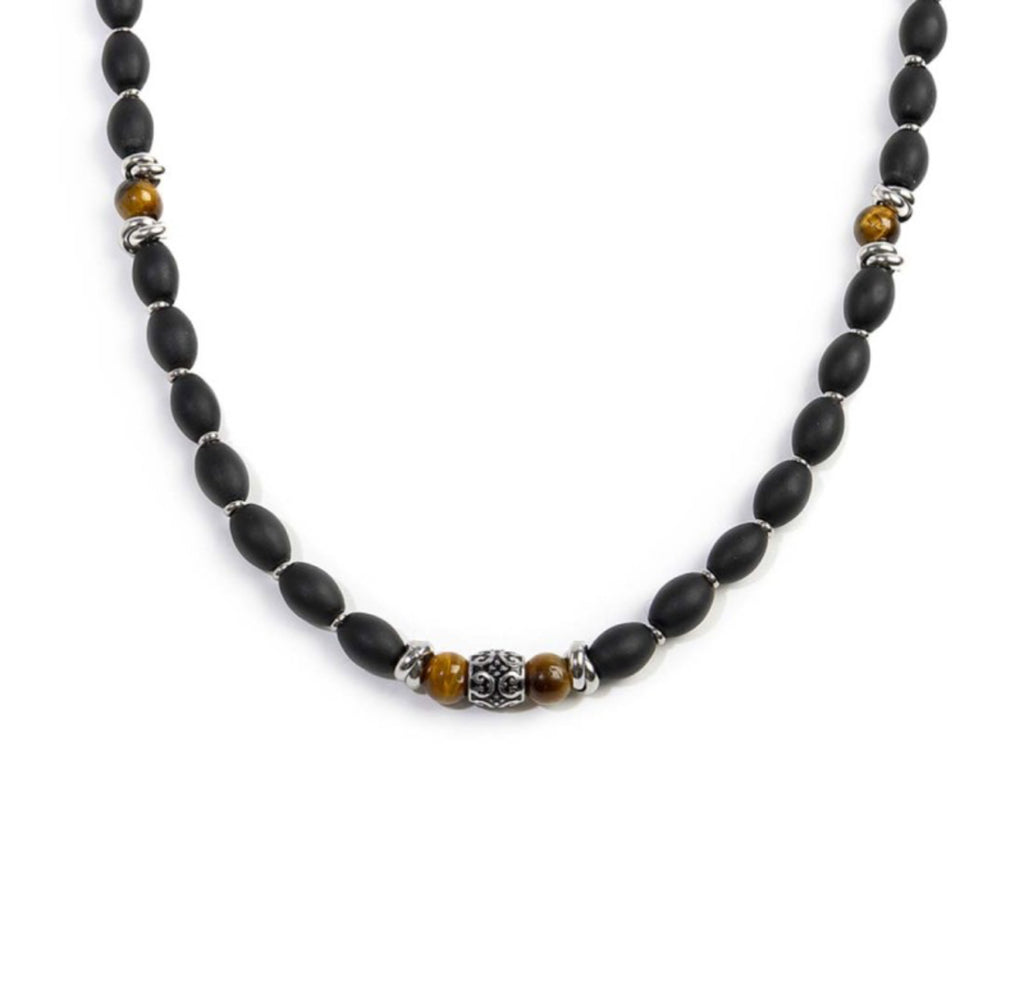 Collana Marlù con onice nera ovale e sfere occhio di tigre