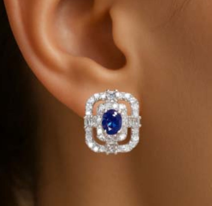 Orecchini Piti Malì donna Bottone con zirconi bianchi e blu