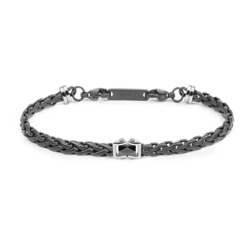 Bracciale Marlù catena titanio sonaglio piatta con elemento centrale in ceramica sfaccettata nera lucida