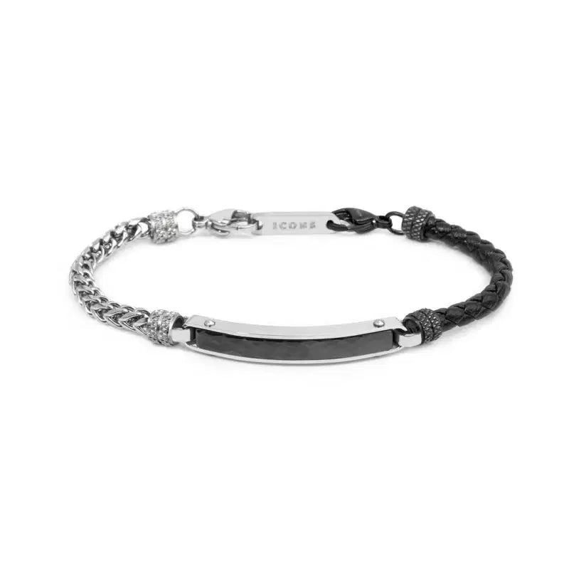 Bracciale Marlù uomo pelle nera intrecciata e catena fishbone