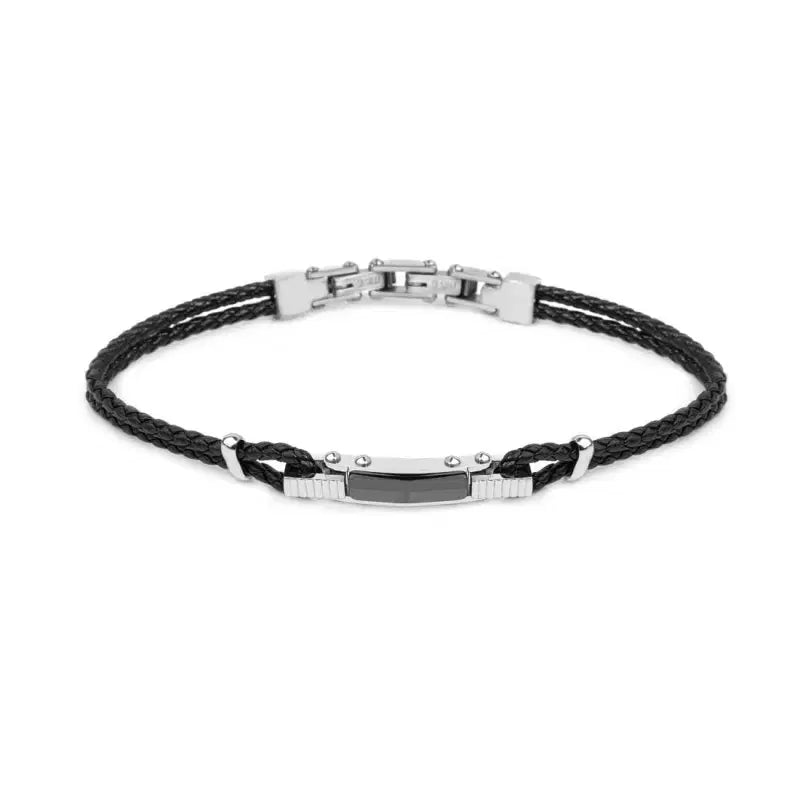 Bracciale Marlù uomo pelle nera intrecciata elemento centrale ceramica sfaccettata nera lucida