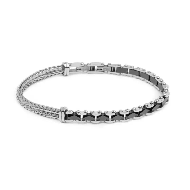 Bracciale Marlù uomo catena fishbone doppia e catena con elementi in ceramica sfaccettata nera lucida
