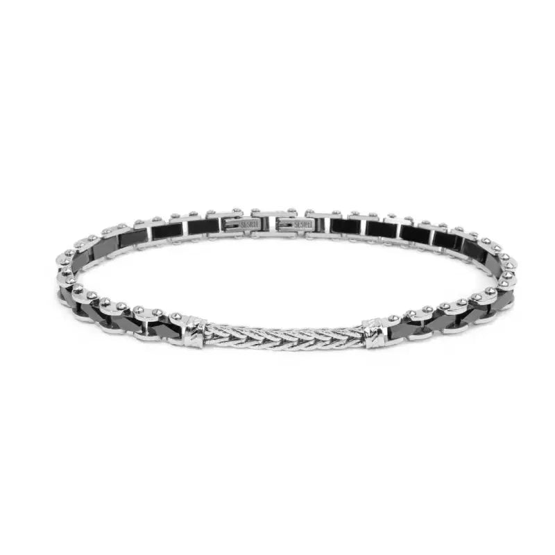 Bracciale Marlù uomo elementi ceramica sfaccettata nera lucida e centrale con catena foxtail piatta