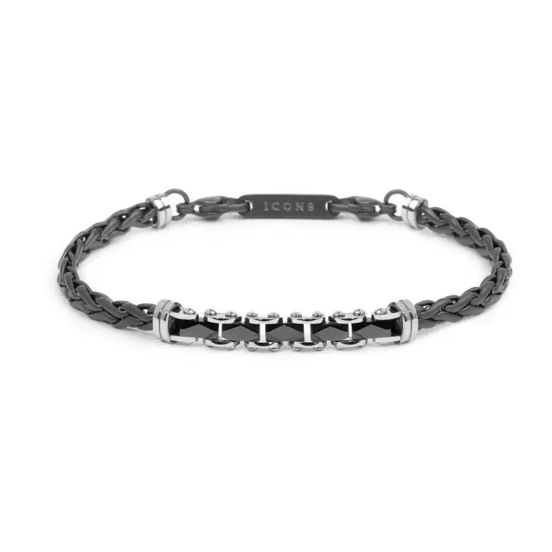 Bracciale Marlù uomo catena sonaglio piatta centrale con elementi in ceramica sfaccettata nera lucida