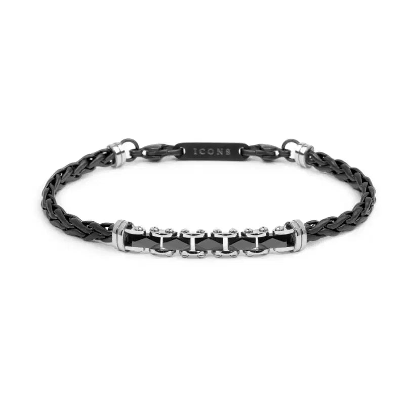 Bracciale Marlù uomo catena sonaglio piatta centrale con elementi in ceramica sfaccettata nera lucida
