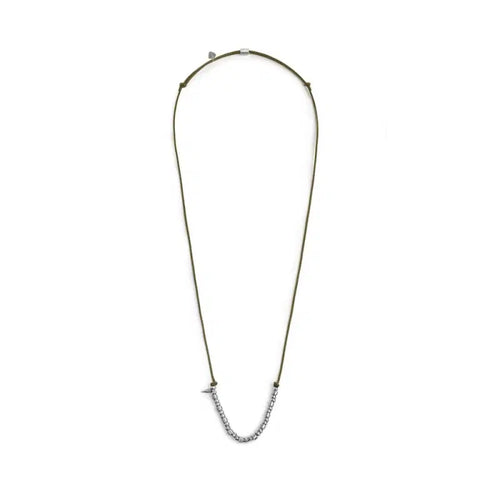 Collana Marlù cordino cerato elementi in acciaio e mini spike verde militare