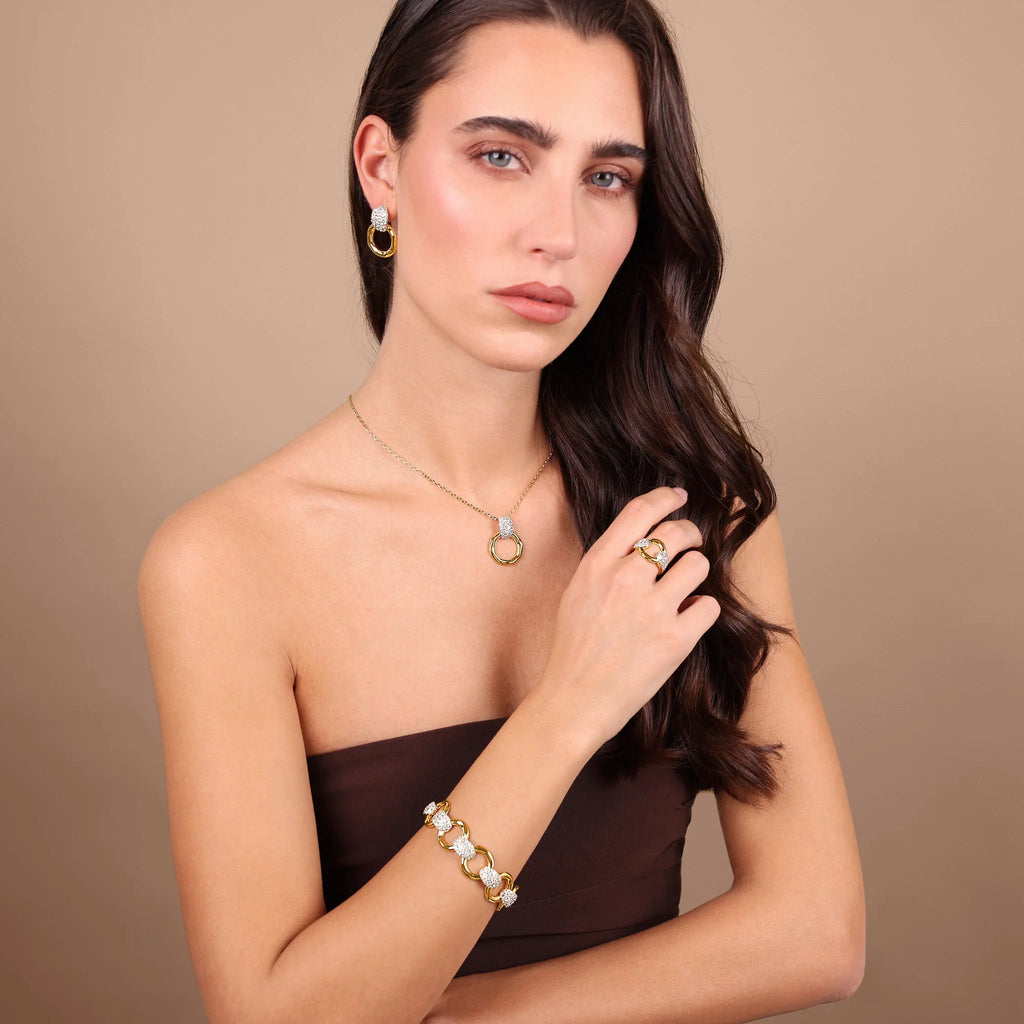 Orecchini donna Etrusca Pendenti ad Anello Martellati con Pavé di Cubic Zirconia