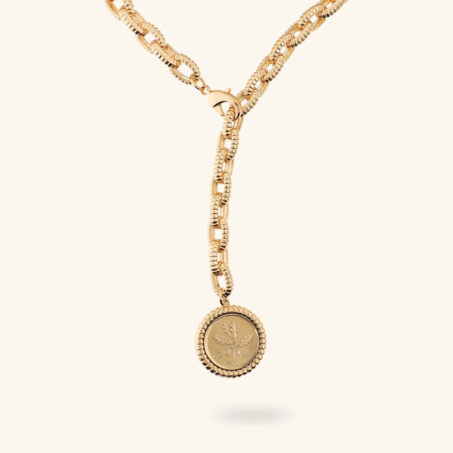 Collana donna Etrusca Maglie Ovali Texture Rigata con Ciondolo Moneta