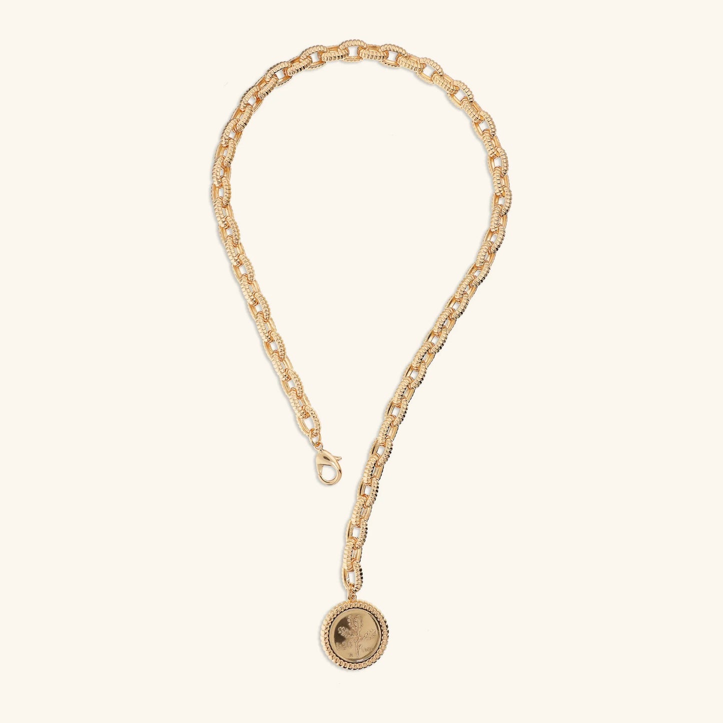 Collana donna Etrusca Maglie Ovali Texture Rigata con Ciondolo Moneta