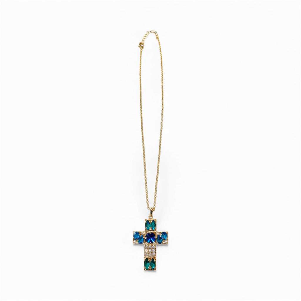 Collana Diamond Accessori donna Croce blu e smeraldo
