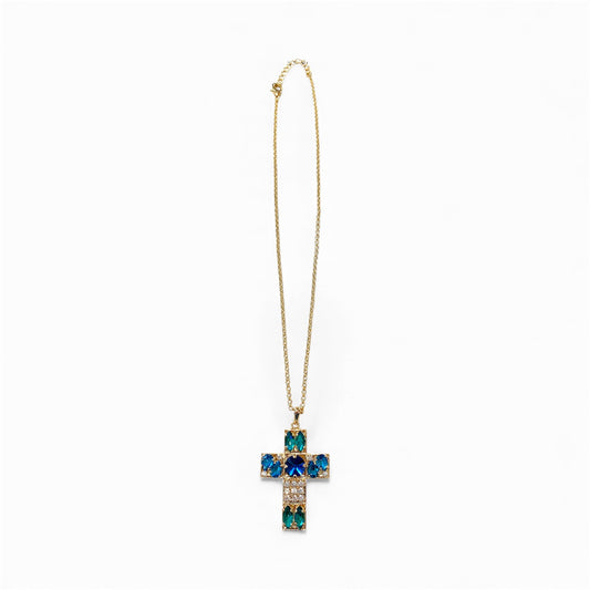 Collana Diamond Accessori donna Croce blu e smeraldo