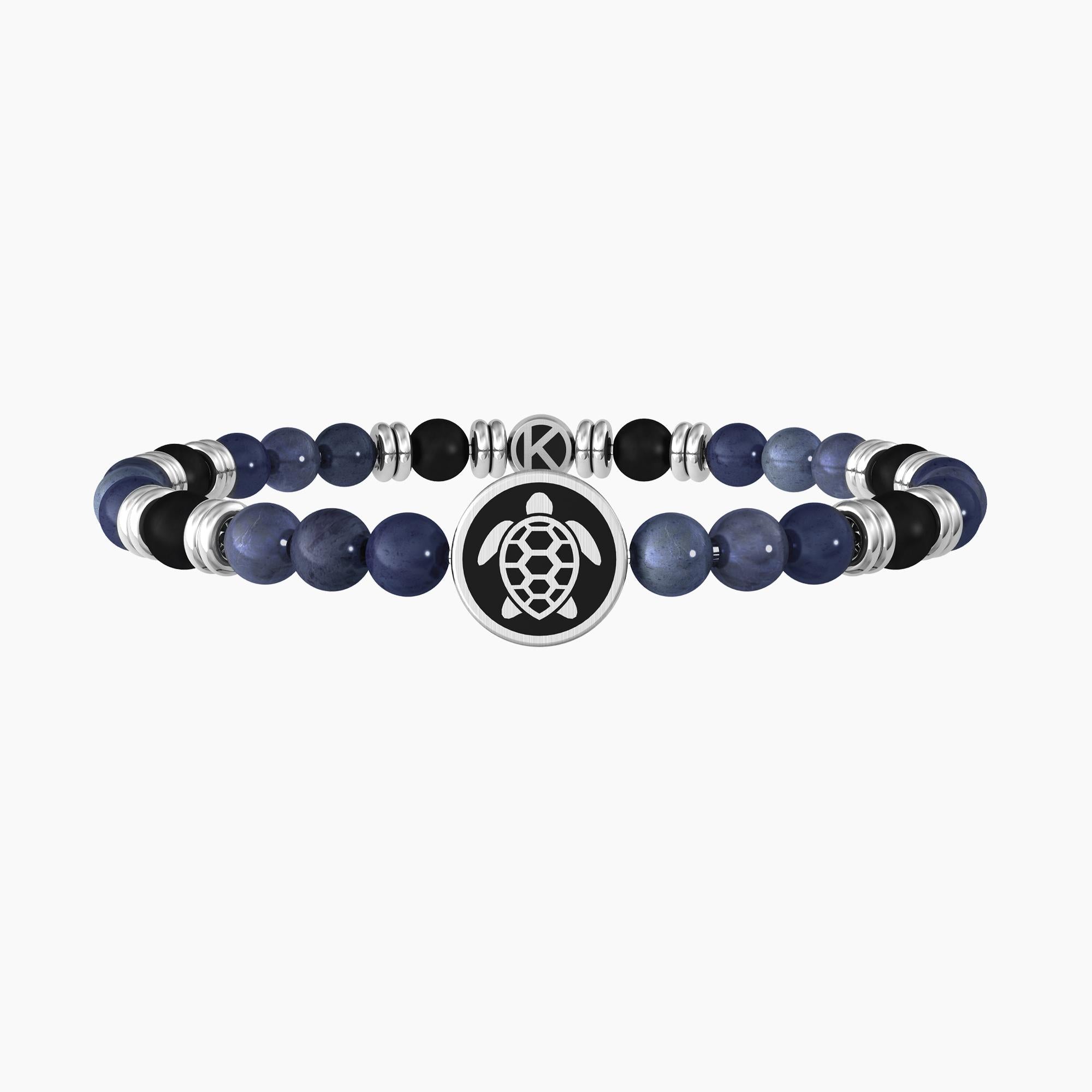 Bracciale uomo kidult elastico con dumortierite blu, agata nera e tartaruga  TARTARUGA | RESILIENZA