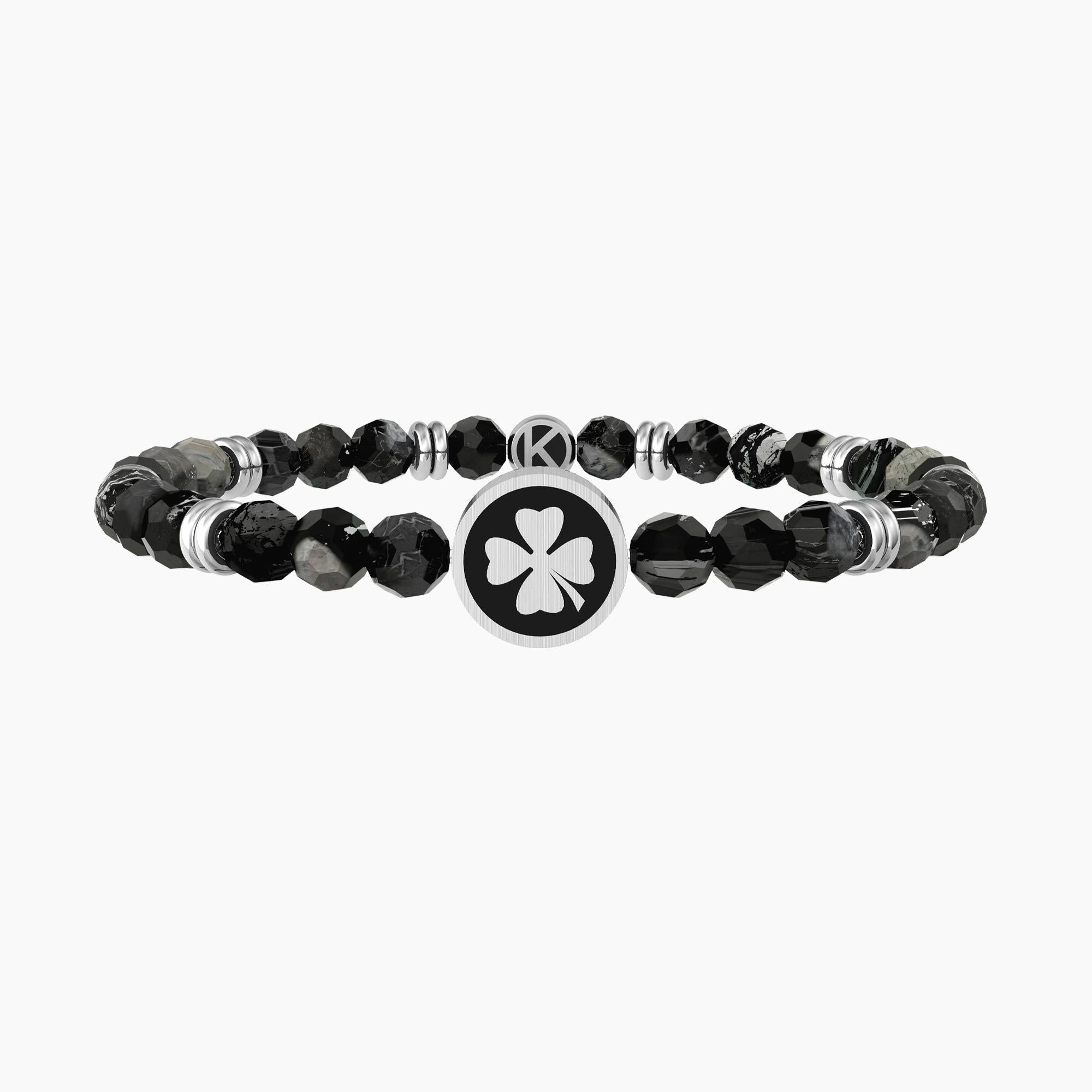 Bracciale uomo kidult elastico con agata nera e quadrifoglio  QUADRIFOGLIO | GOOD LUCK