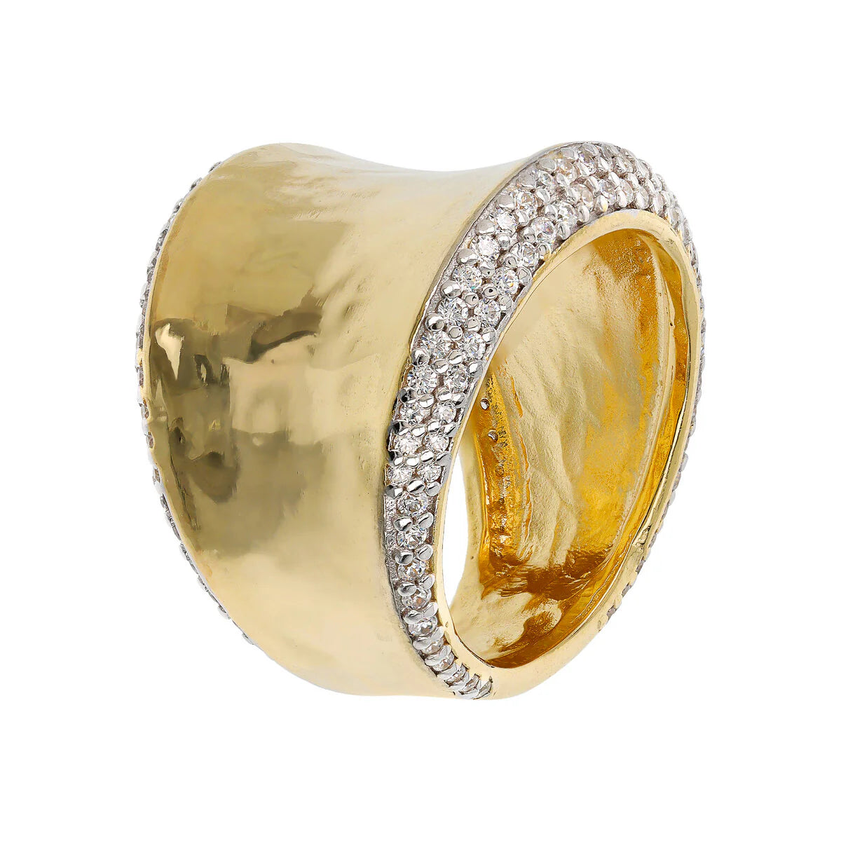 Anello donna Etrusca a Fascia Martellato in Argento 925 Placcato Oro Giallo 18kt Graduato con Pavé in Cubic Zirconia