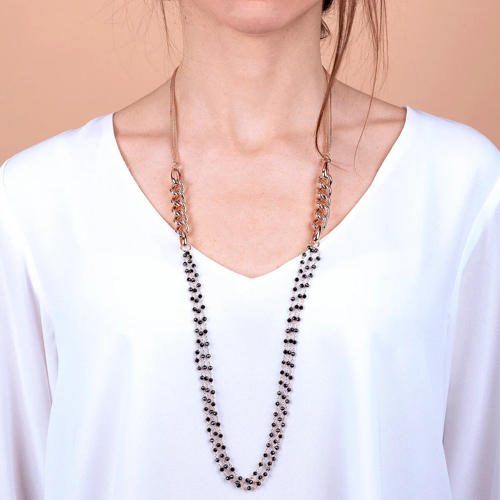 Collana Bronzallure Lunga Multifilo Catena Grumetta e Rosario con Pietre Naturali
