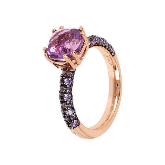 Anello Bronzallure Solitario con Prisma Gem Quadrata e Pavé Ametista