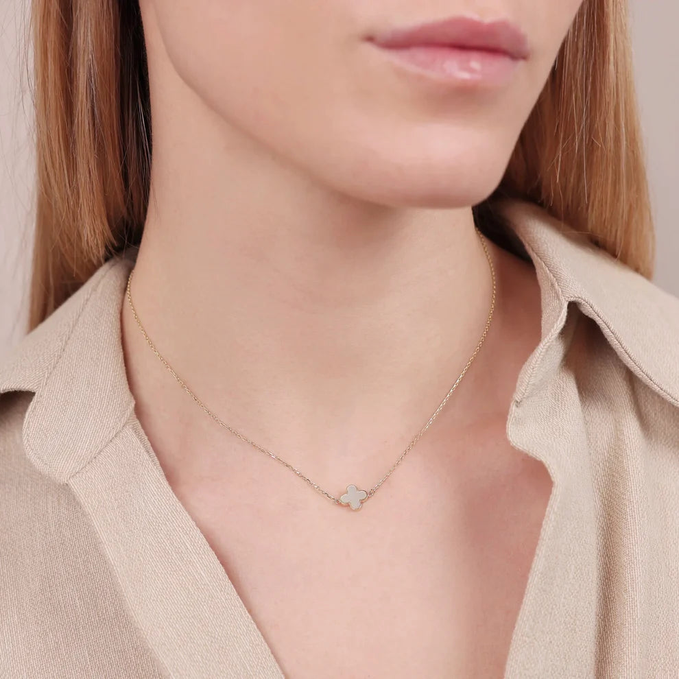 Collana Milor donna Girocollo Maglia Brillantina in Oro 375 con Quadrifoglio in Pietra Naturale