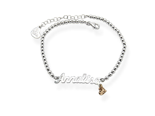 Bracciale con nome e sfere small e charm cuore