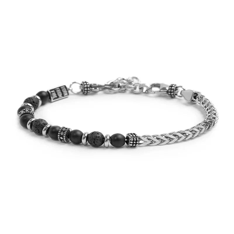Bracciale Marlù  catena a spina di pesce con sfere in onice nera e pietra lavica
