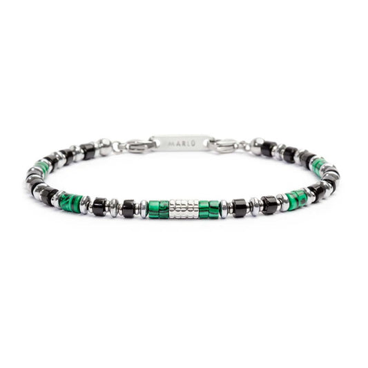 Bracciale Marlù Uomo con rondelle in malachite ed onice nera e cilindro diamantato