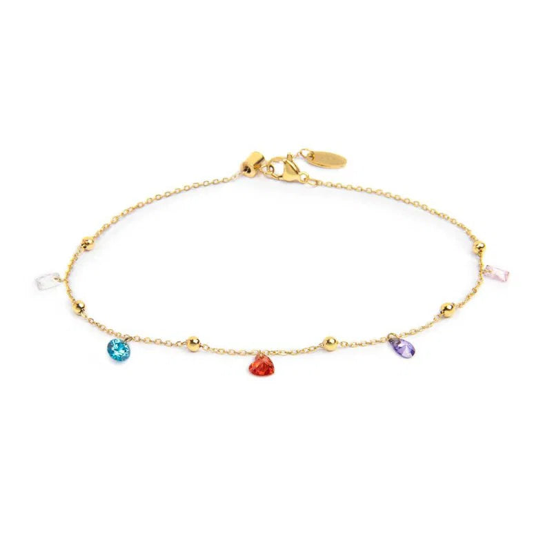 Cavigliera Marlù con zirconi baguette e cuori pendenti colorati gold