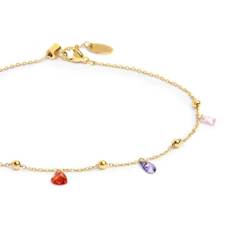 Cavigliera Marlù con zirconi baguette e cuori pendenti colorati gold
