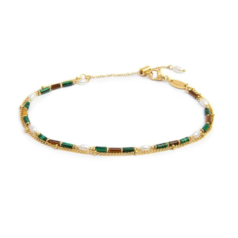 Cavigliera Marlù Doppia catena gold malachite e occhio di tigre