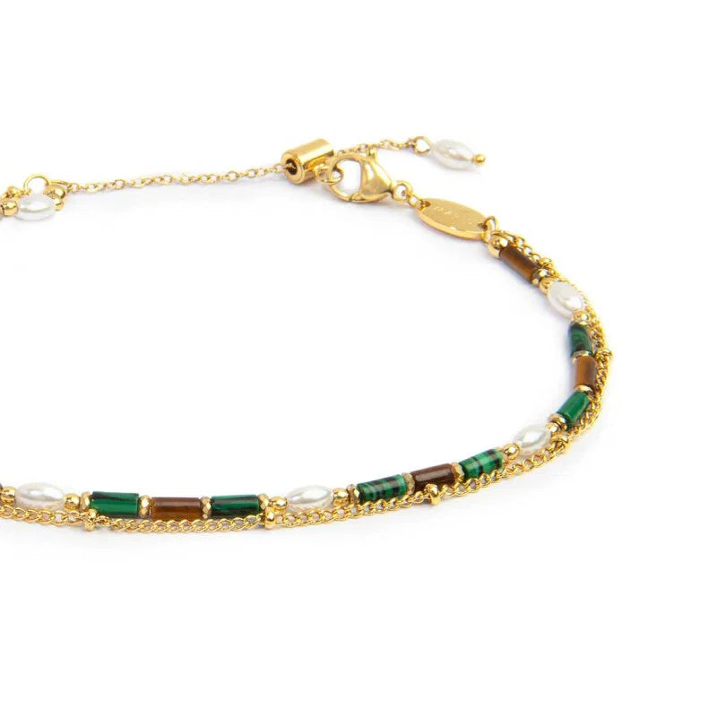 Cavigliera Marlù Doppia catena gold malachite e occhio di tigre
