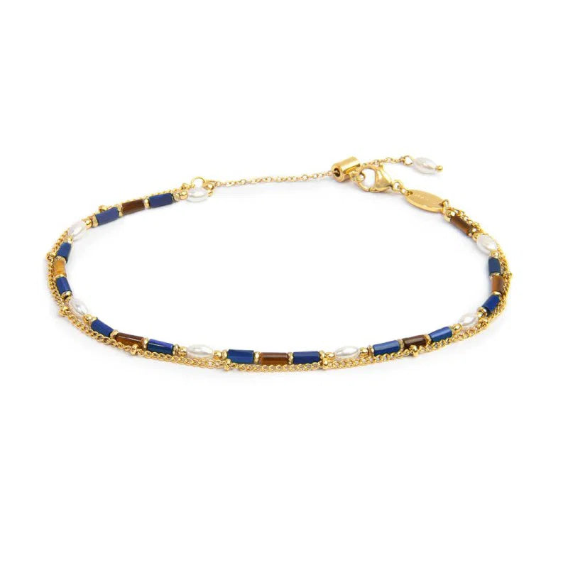 Cavigliera Marlù Doppia catena gold lapis e occhio di tigre