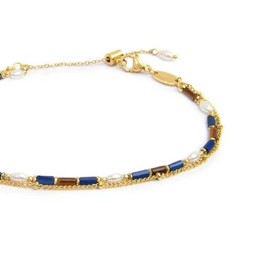 Cavigliera Marlù Doppia catena gold lapis e occhio di tigre