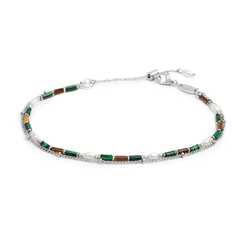 Cavigliera Marlù Doppia catena malachite e occhio di tigre