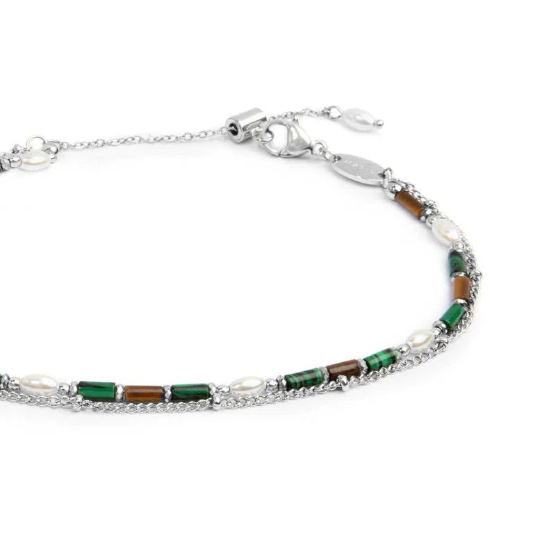Cavigliera Marlù Doppia catena malachite e occhio di tigre