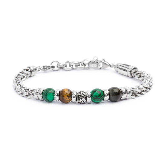 Bracciale Marlù unisex catena fishbone con sfere malachite e occhio di tigre