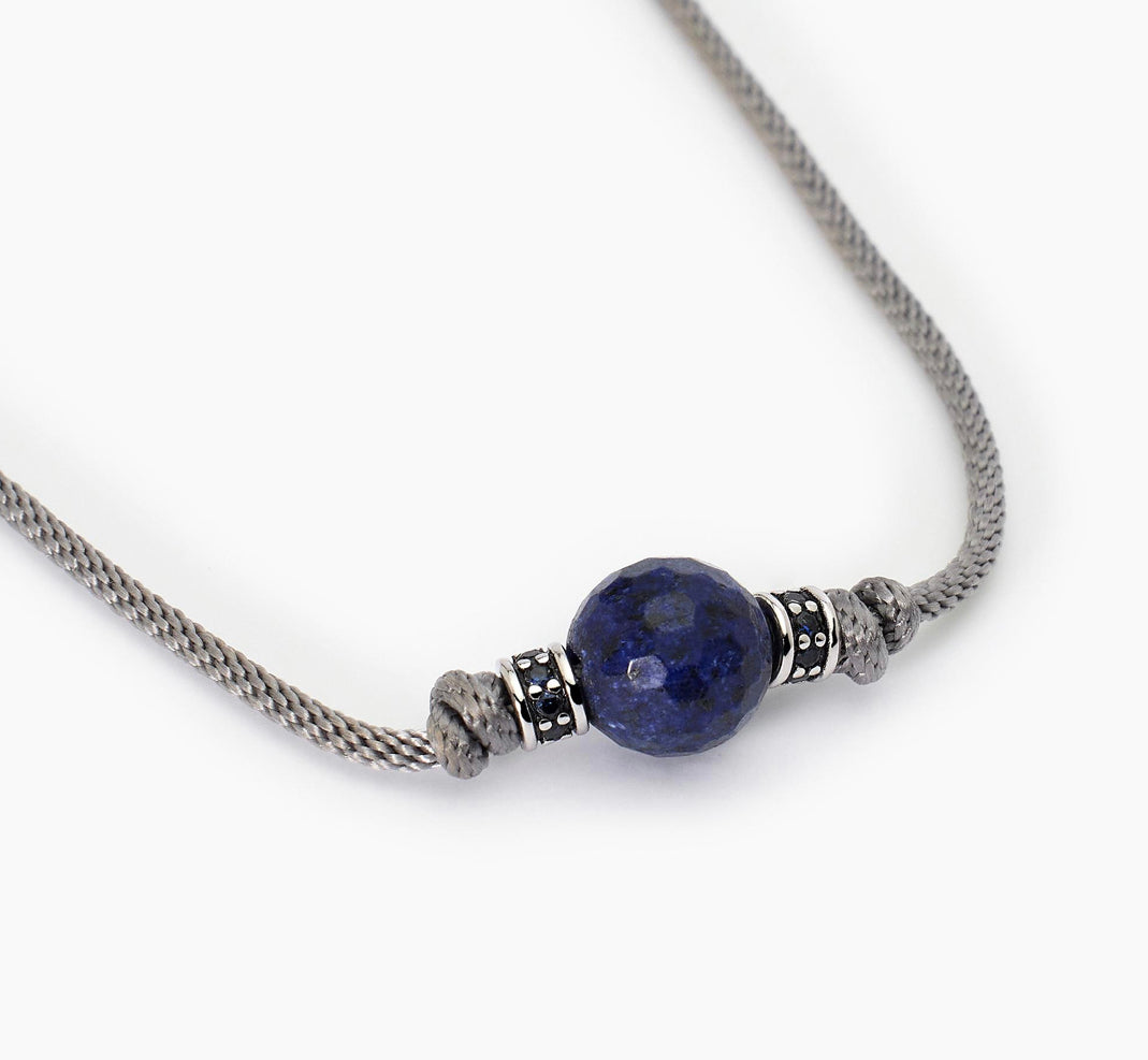 Collana Mabina Uomo in argento con cordino grigio e pietra lapis