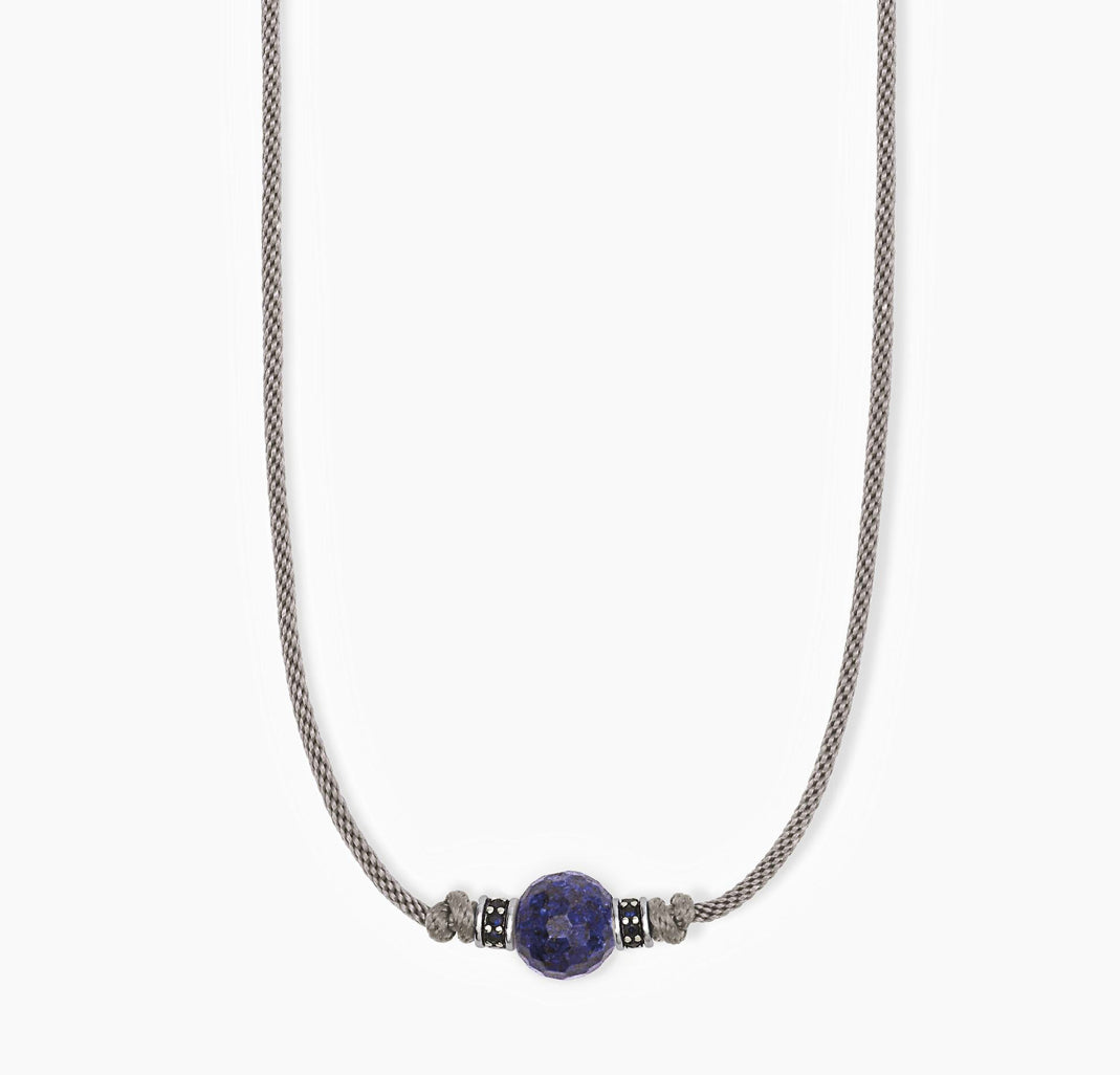 Collana Mabina Uomo in argento con cordino grigio e pietra lapis