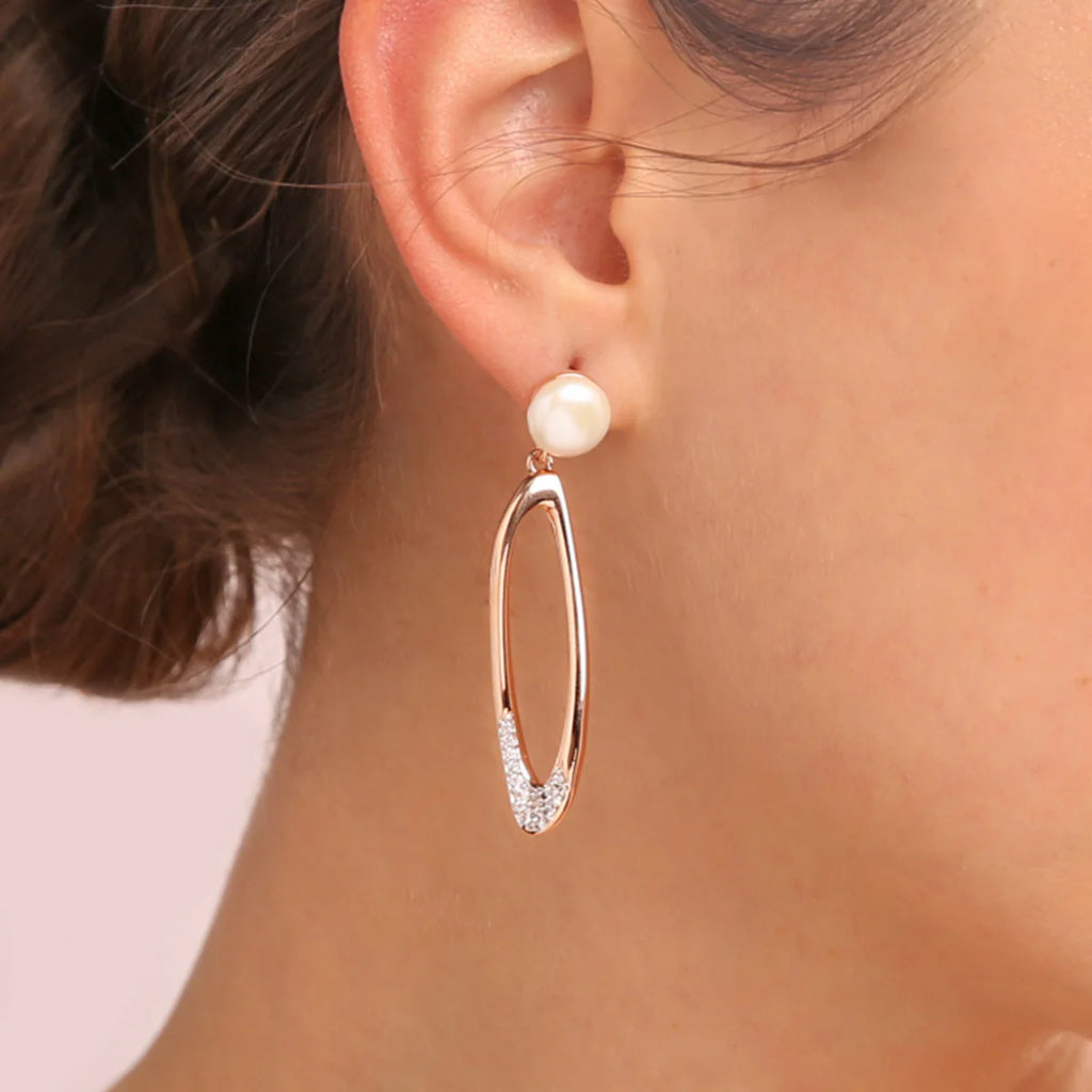 Orecchini Pendenti Bronzallure Ovali con Cubic Zirconia e Perle Coin d'Acqua Dolce Bianche Ø 9/10 mm