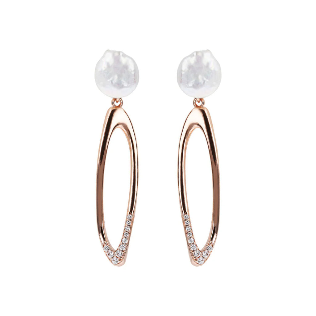 Orecchini Pendenti Bronzallure Ovali con Cubic Zirconia e Perle Coin d'Acqua Dolce Bianche Ø 9/10 mm
