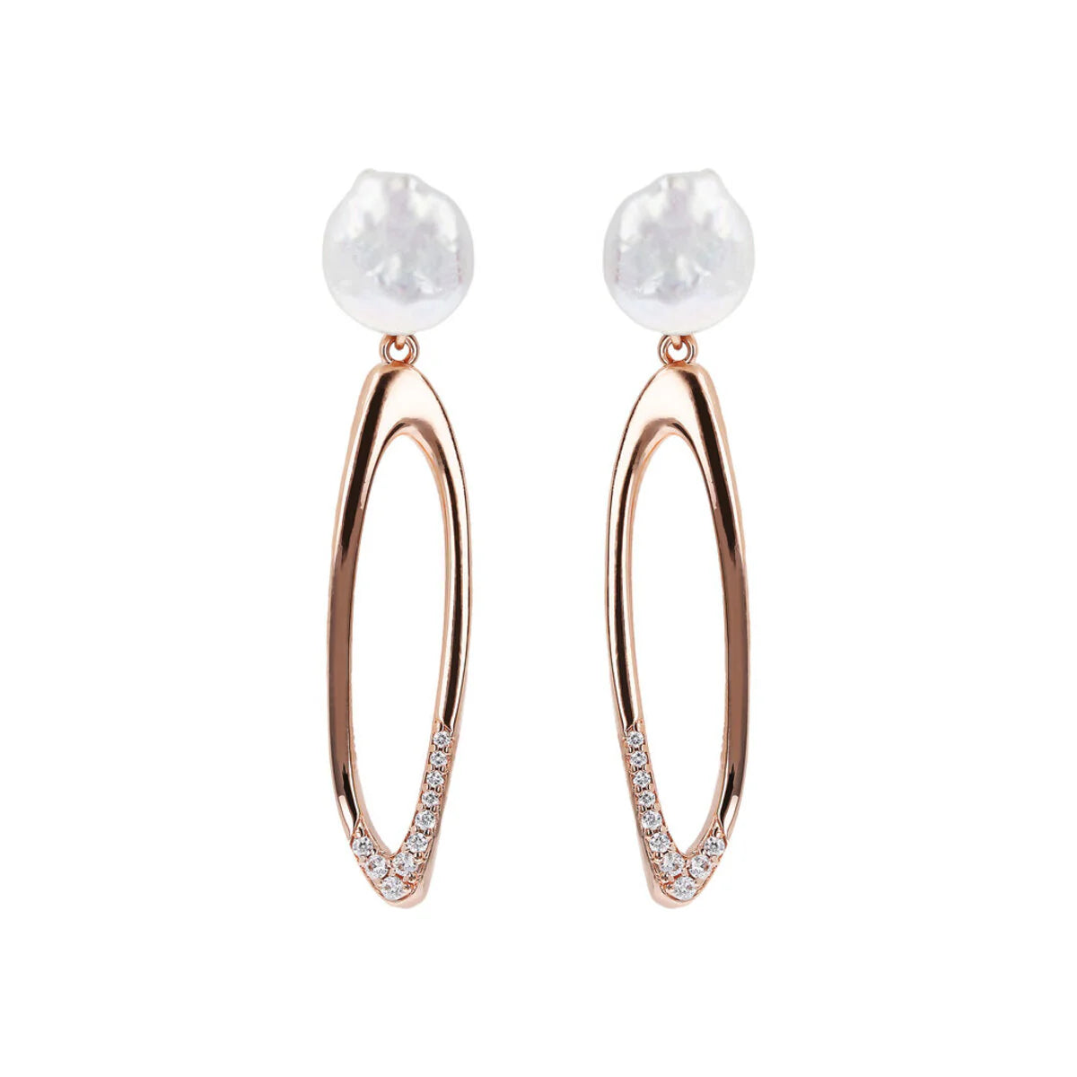 Orecchini Pendenti Bronzallure Ovali con Cubic Zirconia e Perle Coin d'Acqua Dolce Bianche Ø 9/10 mm