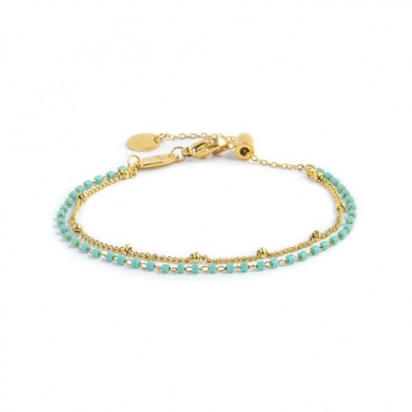 BRACCIALE DOPPIA CATENA GRUMETTA CON SFERE E MIYUKI TURCHESI PVD ORO