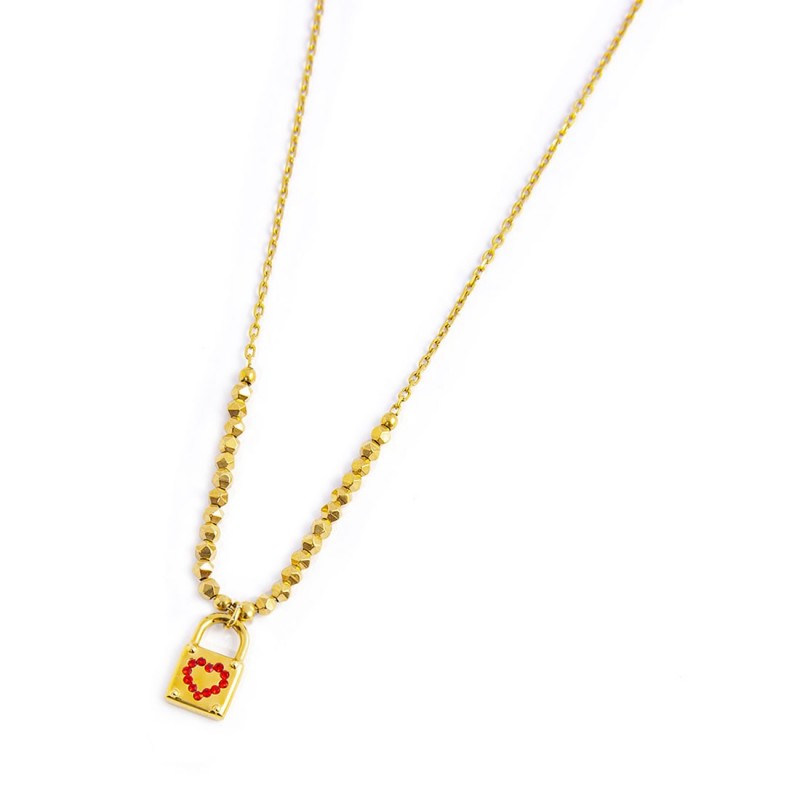 Collana Marlù donna con lucchetto pendente e cuore con cristalli rossi