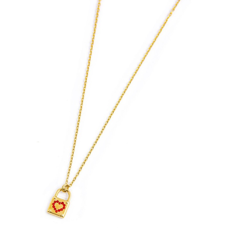 Collana Marlù donna con lucchetto pendente con cuore e cristalli rossi