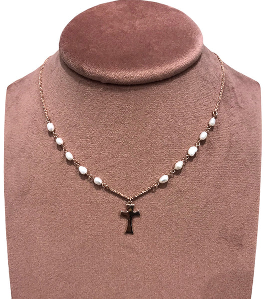 Collana Agios Donna Croce e Perle Rosè