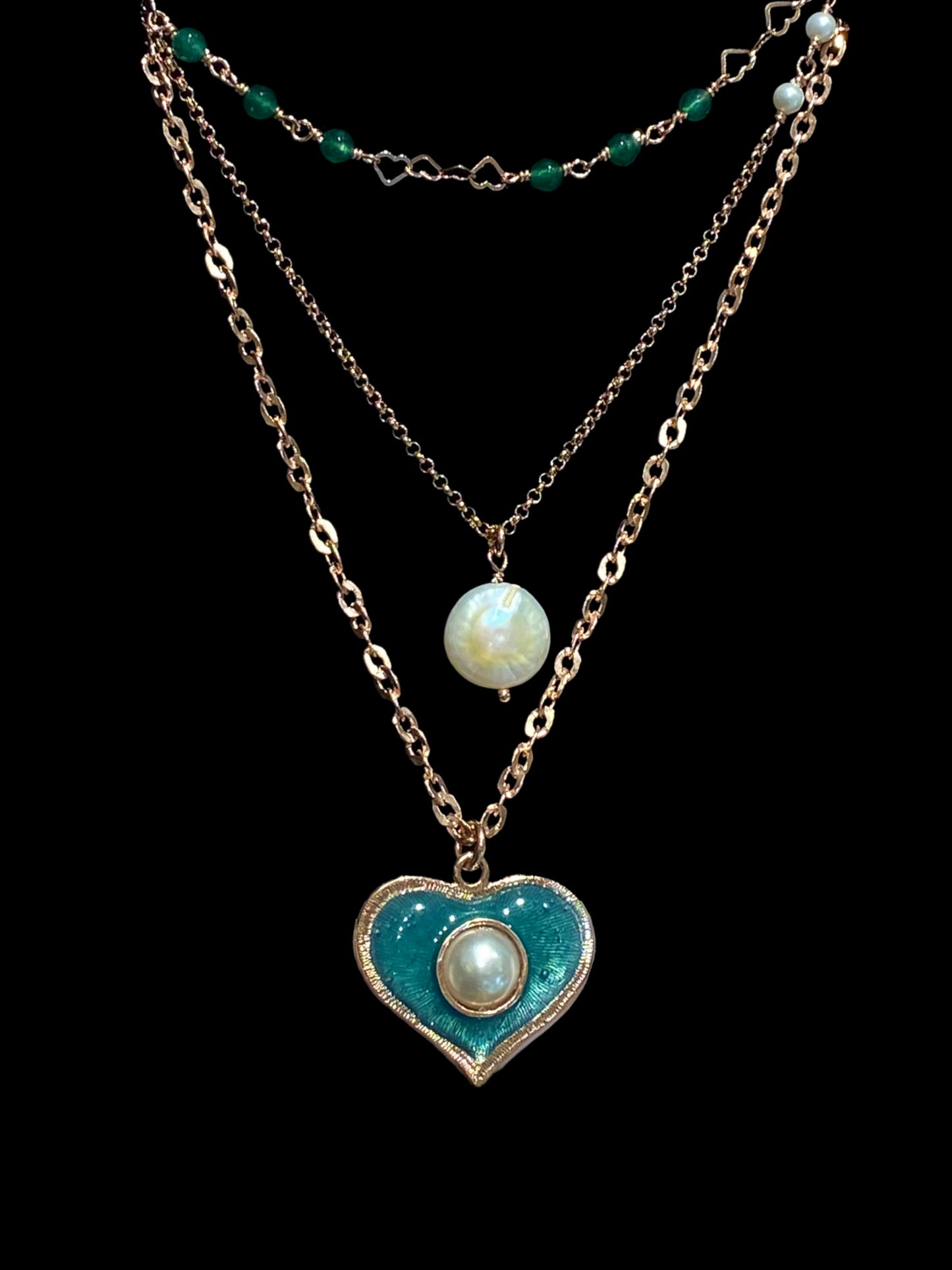 Collana Sacramore a 3 fili Green Heart and Pearl