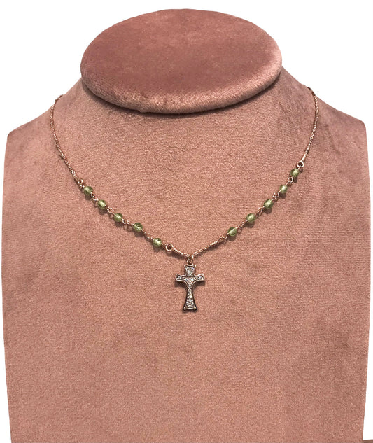 Collana Agios Donna Croce e Pietre Verdi Rosè