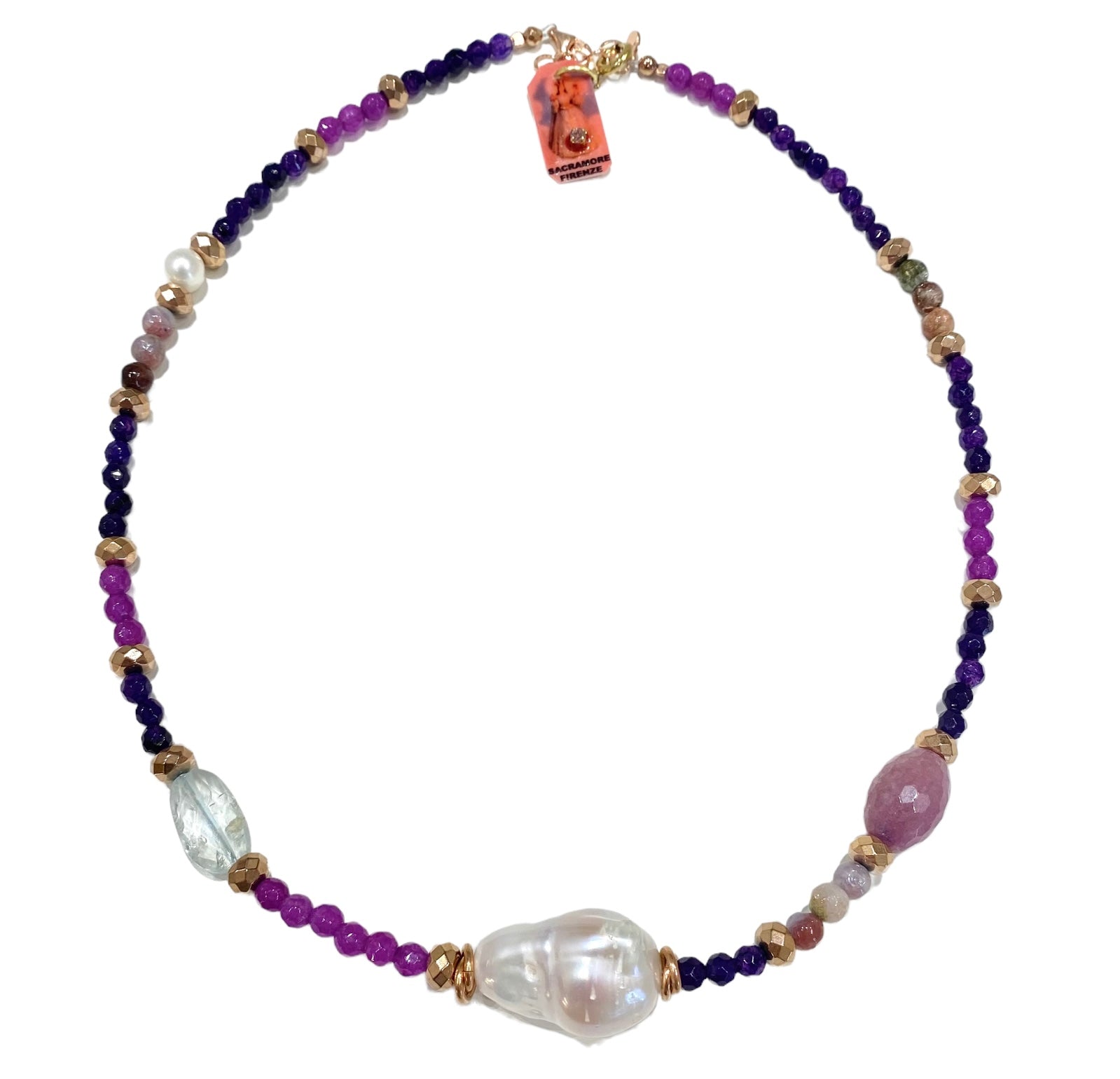 Collana Sacramore Pietre naturali, cristalli e perla scaramazza